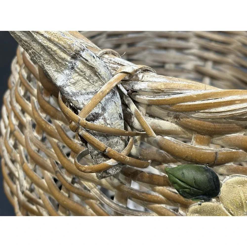 Vintage Wicker Basket Twig Handle 3D Yellow Flower Boho Cottagecore Gathering